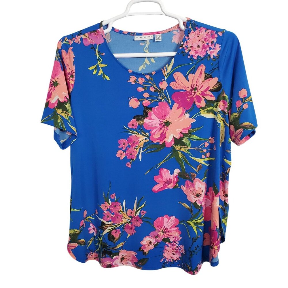 Susan Graver Size 1XLP 1XL Petite Top Floral Liquid Knit ShirtTail Hem Tropical - Picture 2 of 8
